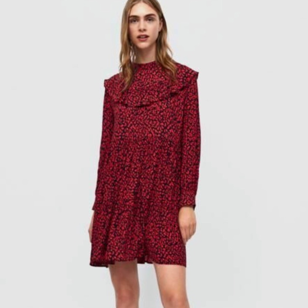 NWOT Zara Red and Black Leopard Animal Print Ruffle Neck Dress